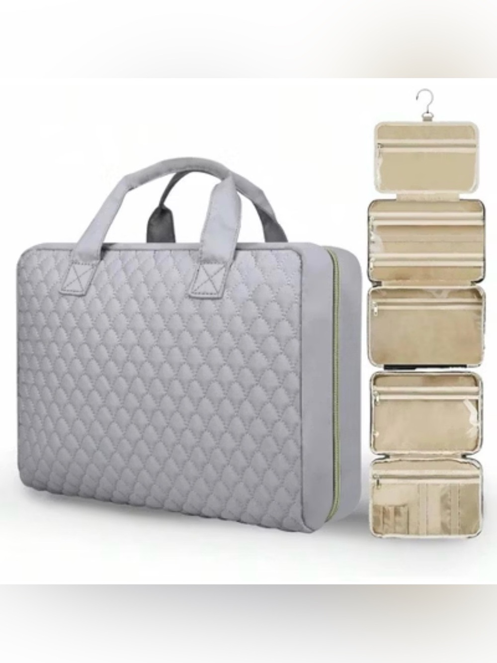 Large Gray Quilted Toiletry Bag With Detachable Compartment for Cosmetics